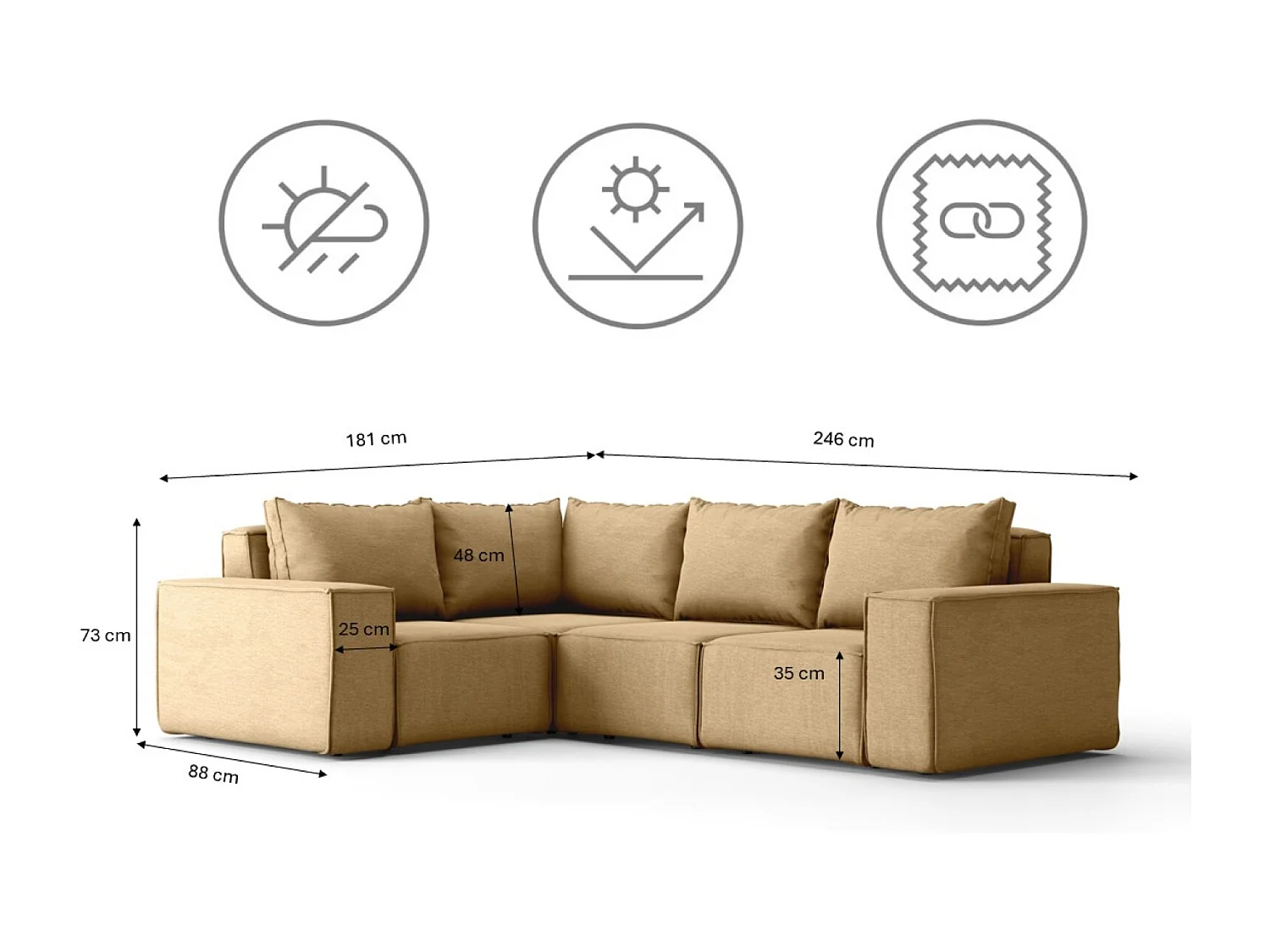 Salon de jardin canapé d'angle SONNE, tissu ARTICLE, Cappuccino, droit
