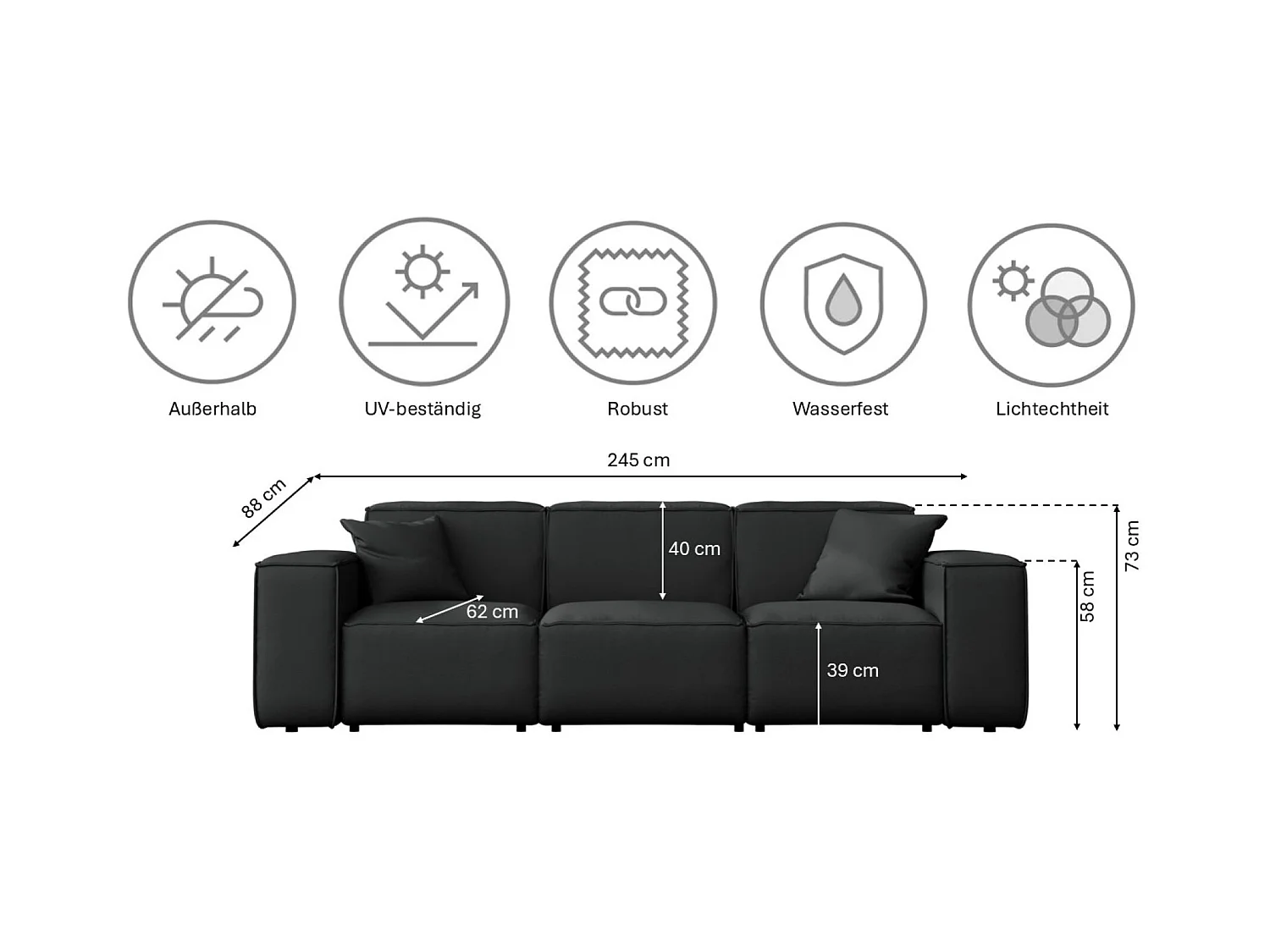 Tuinmeubelbank driezits MALIBU, stof ODYSSEY, zwart