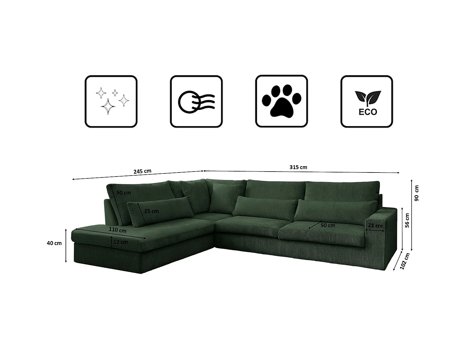 Canapé d'angle en L SVEN tissu Poso Vert Gauche