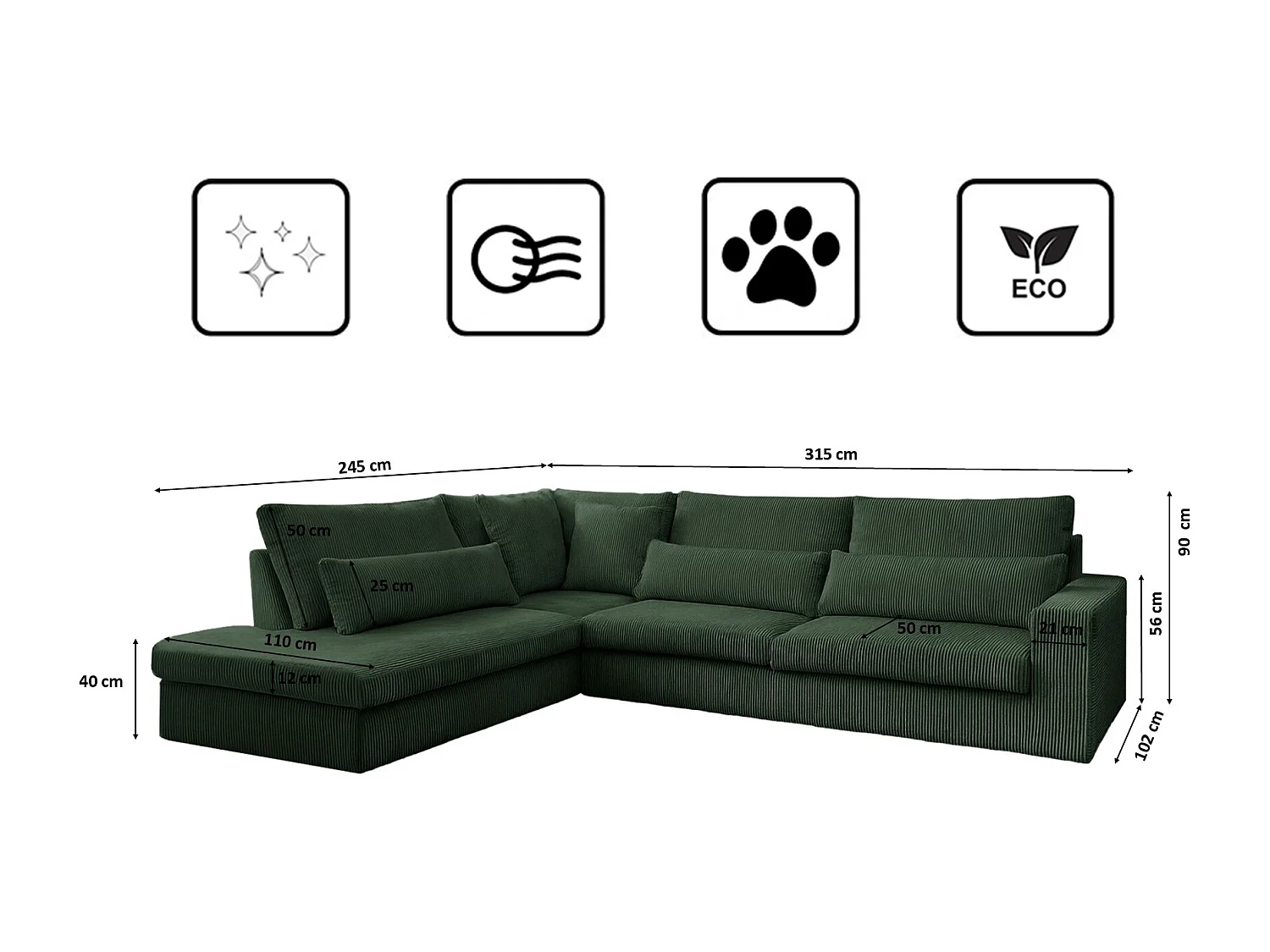 Canapé d'angle en L SVEN tissu Poso Vert Gauche