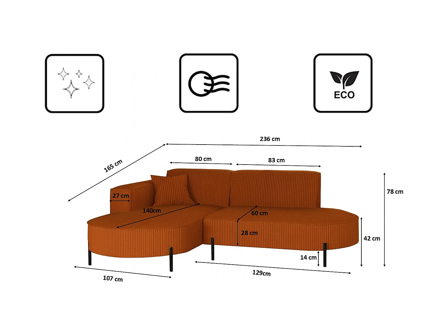 Canapé d'angle, canapé en L, designer Modena, tissu pur, Poso, cuivre, gauche
