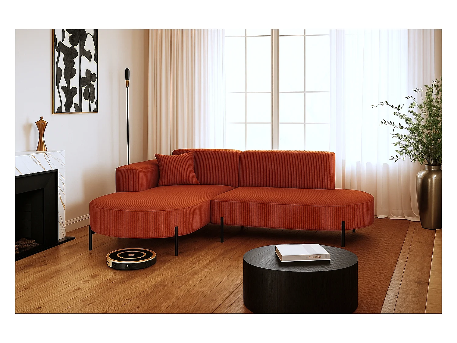 Ecksofa, Sofa L-Form Designer Modena Rein stoff Poso Kupfer Links