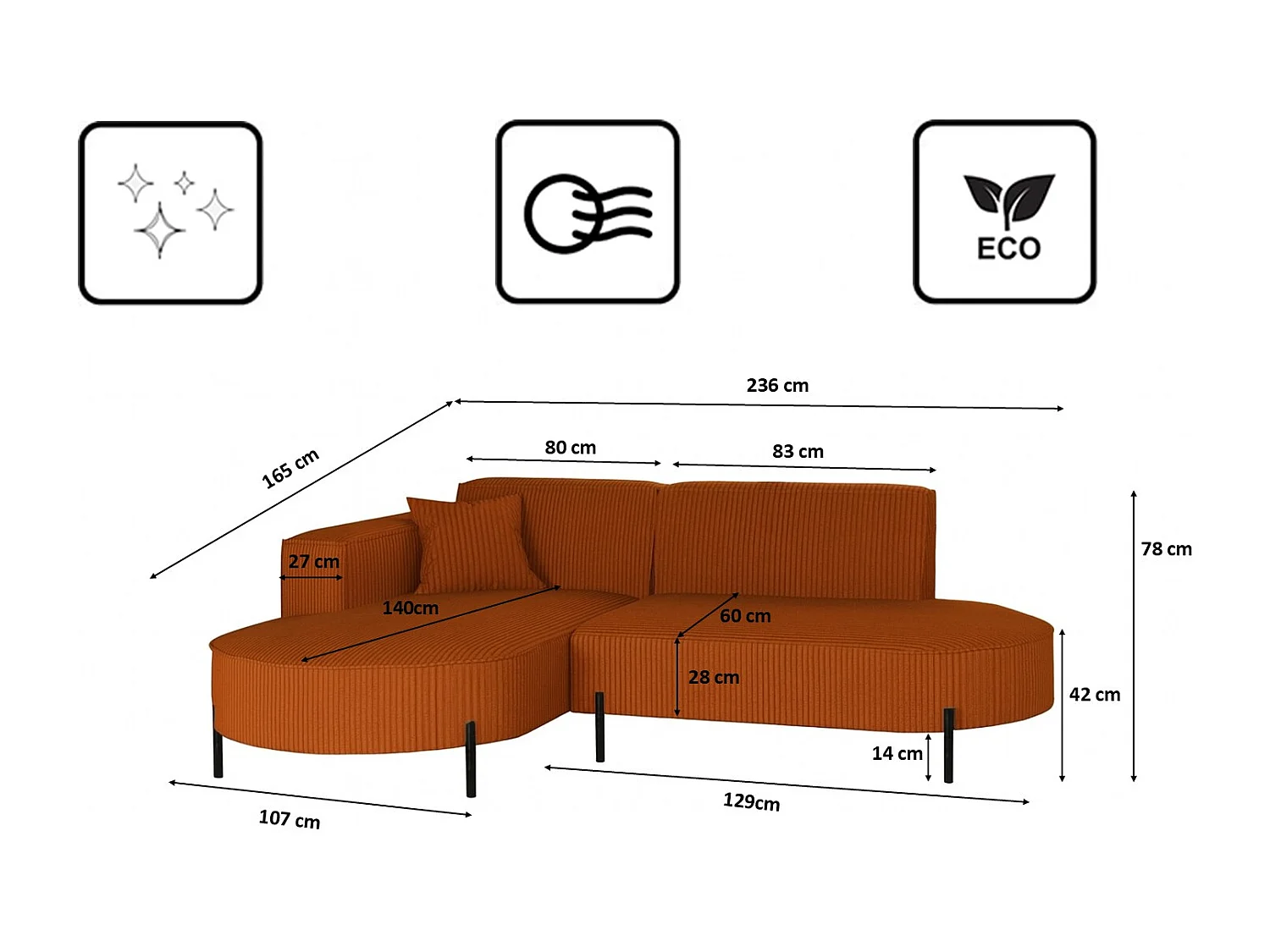 Canapé d'angle, canapé en L, designer Modena, tissu pur, Poso, cuivre, gauche