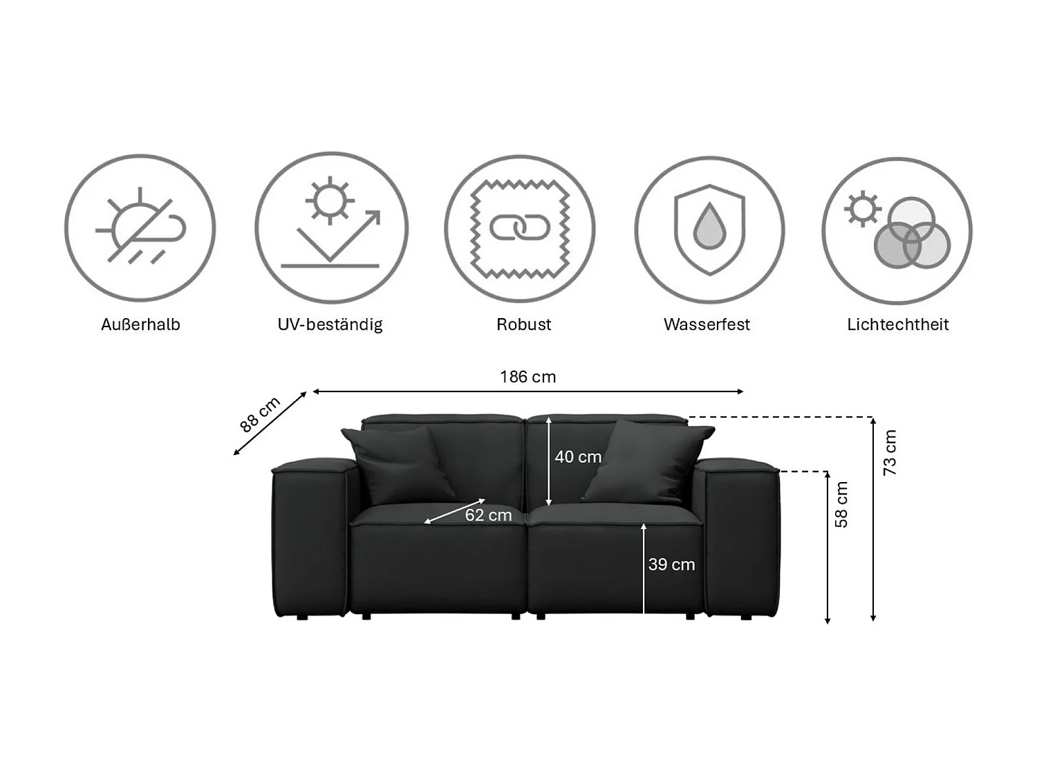 Gartenmöbel Sofa Zweisitzer MALIBU, Stoff ODYSSEY, Schwarz