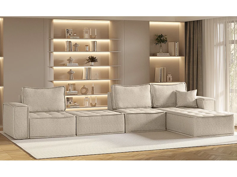 Canapé d'angle Bohoo XL en L, tissu Raven, Champagne, droit