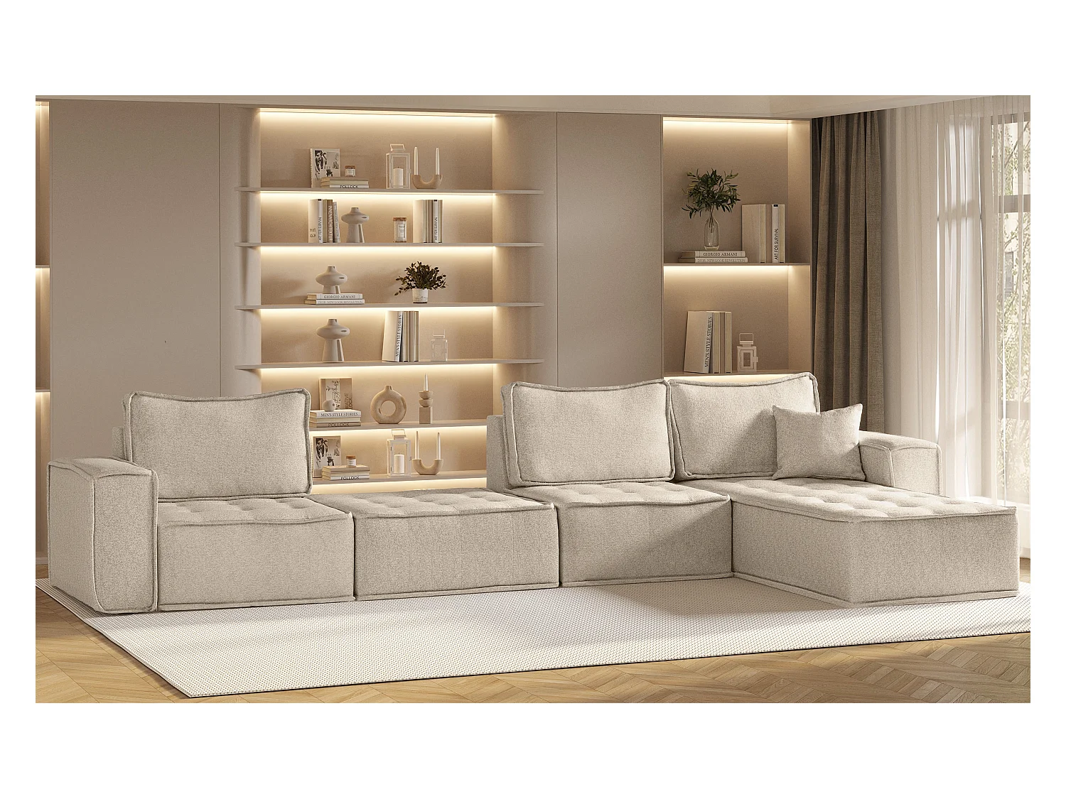 Canapé d'angle Bohoo XL en L, tissu Raven, Champagne, droit