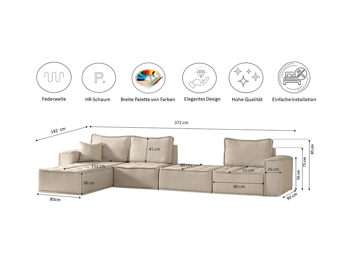 Canapé d'angle Bohoo XL en L, tissu Raven, Champagne, droit