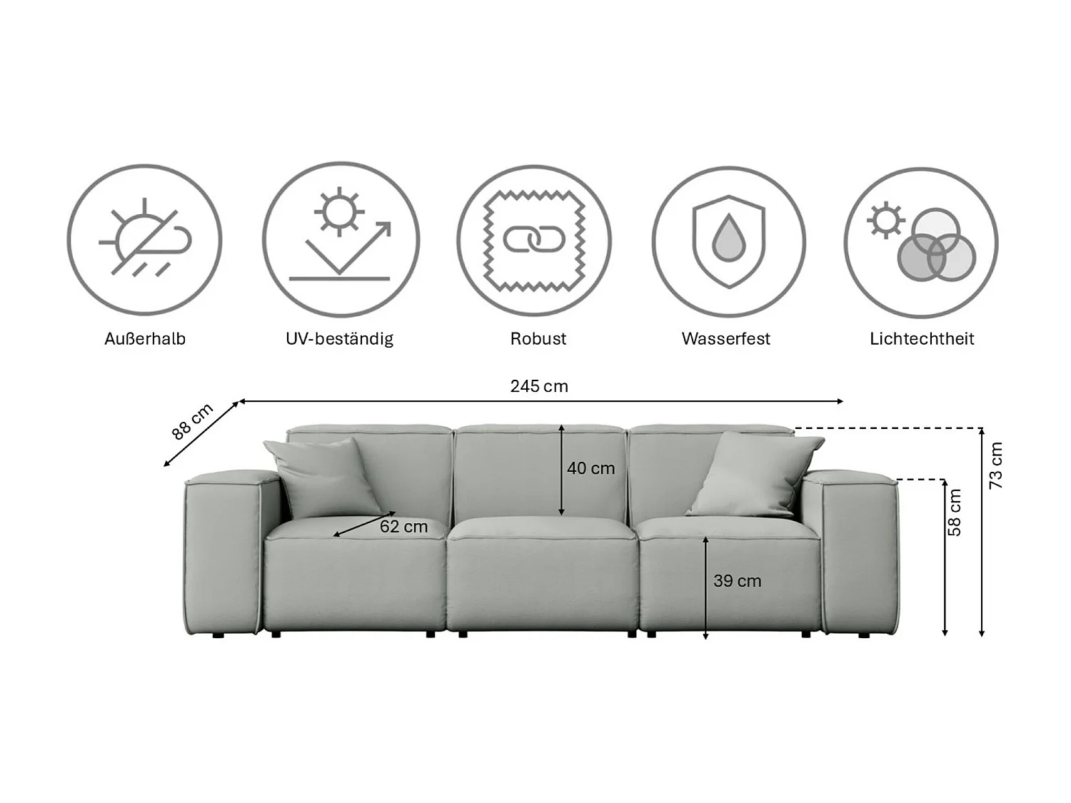 Salon de jardin canapé trois places MALIBU, tissu ODYSSEY, gris clair