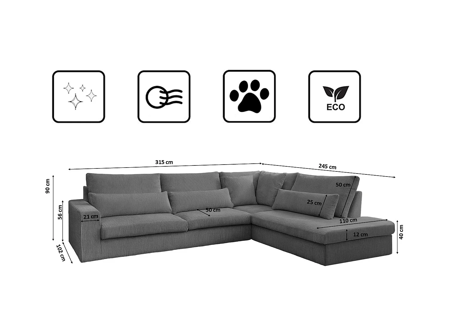 Canapé d'angle L-form SVEN tissu Poso gris tourterelle droit