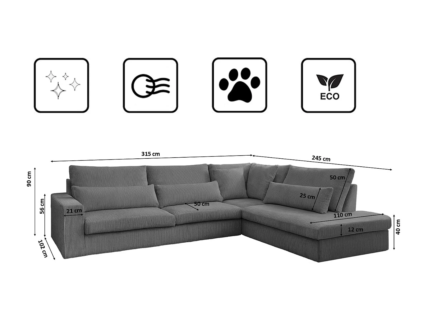 Canapé d'angle L-form SVEN tissu Poso gris tourterelle droit