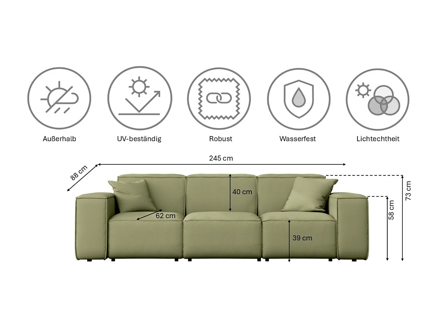 Salon de jardin canapé trois places MALIBU, tissu ODYSSEY, vert clair