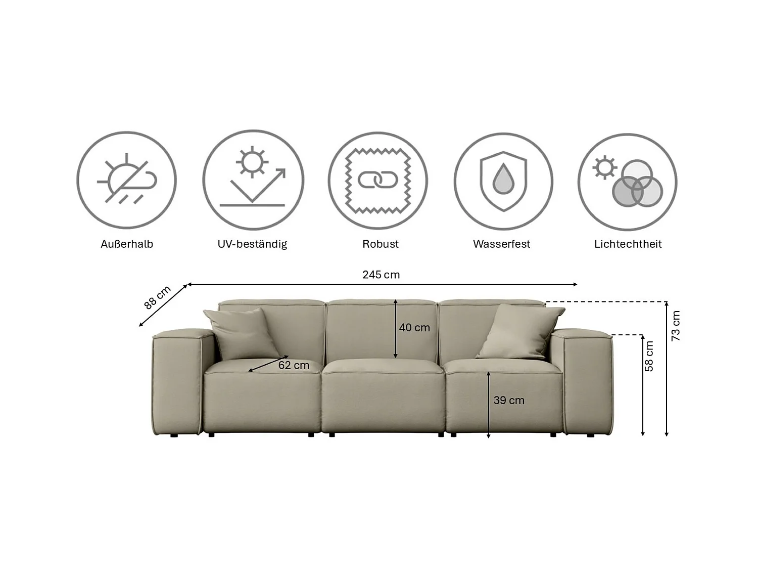 Tuinmeubelbank driezits MALIBU, stof ODYSSEY, donkerbeige