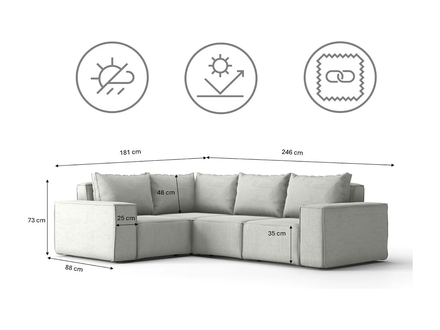 Salon de jardin canapé d'angle SONNE, tissu ARTICLE, gris clair, droit