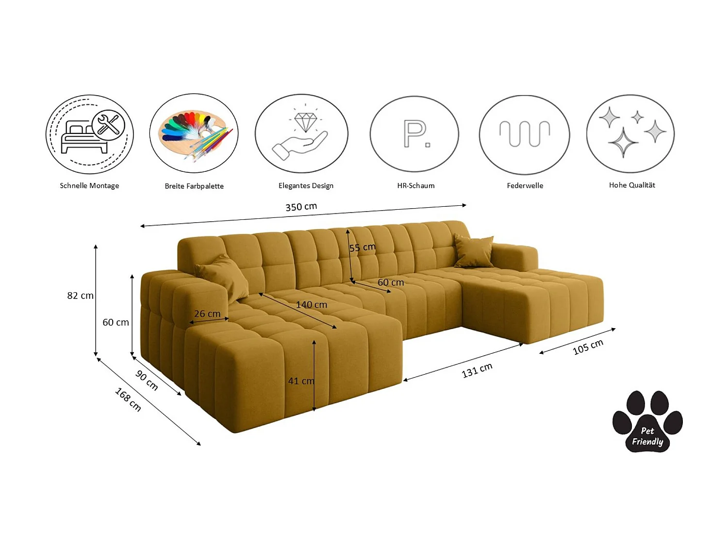 NIMES U-vormige hoekbank, stof Portland, geel