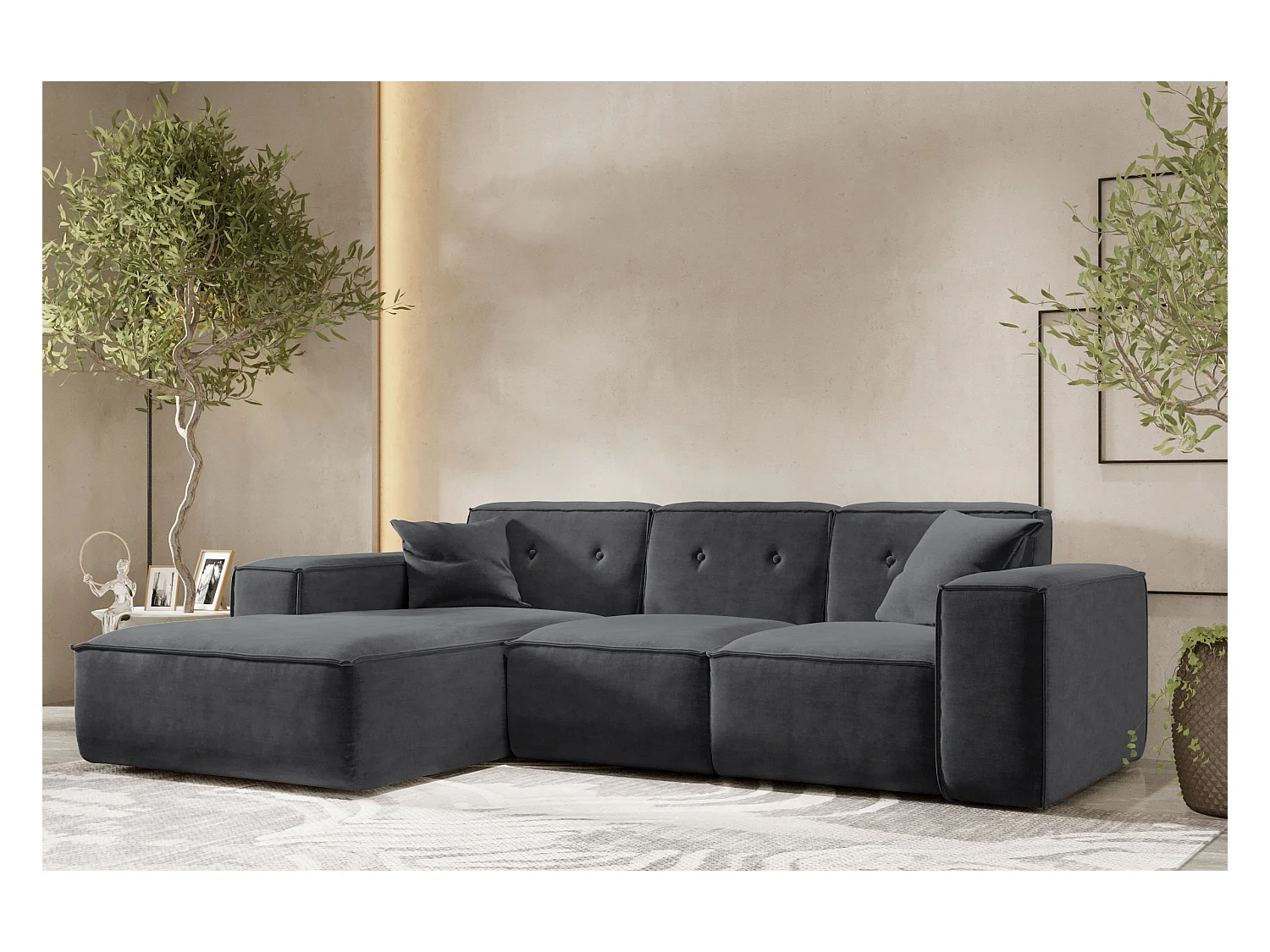 Canapé d'angle en L PULA, tissu Perfect Harmony, noir, gauche