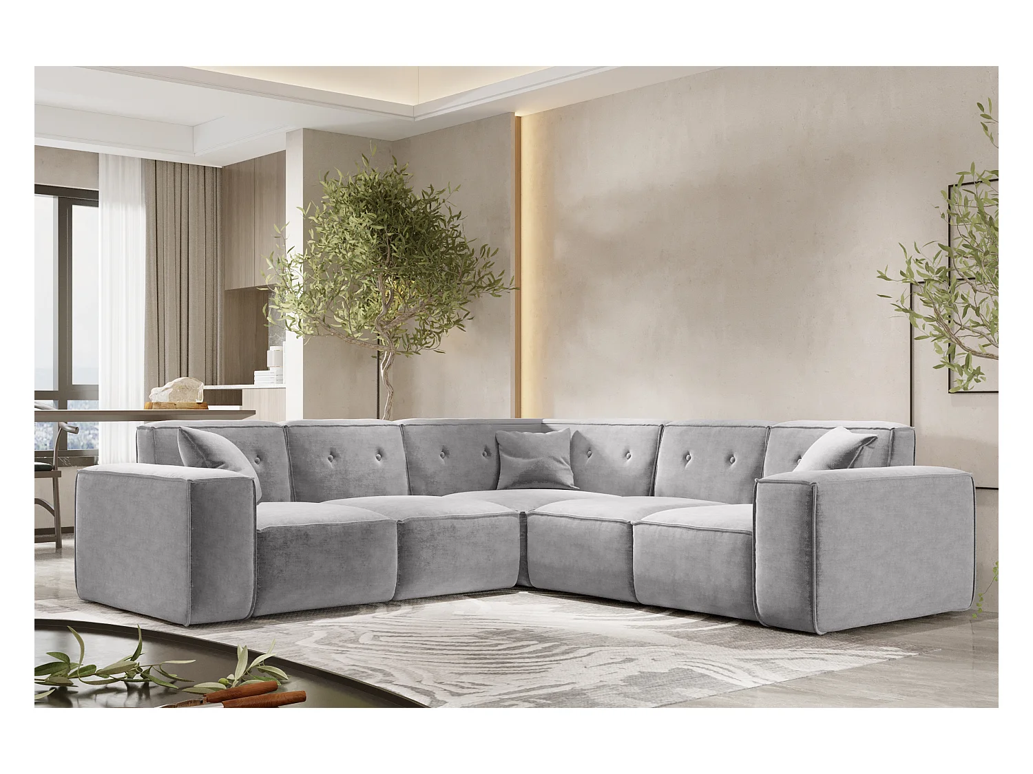 Canapé d'angle PULA, tissu Perfect Harmony, gris