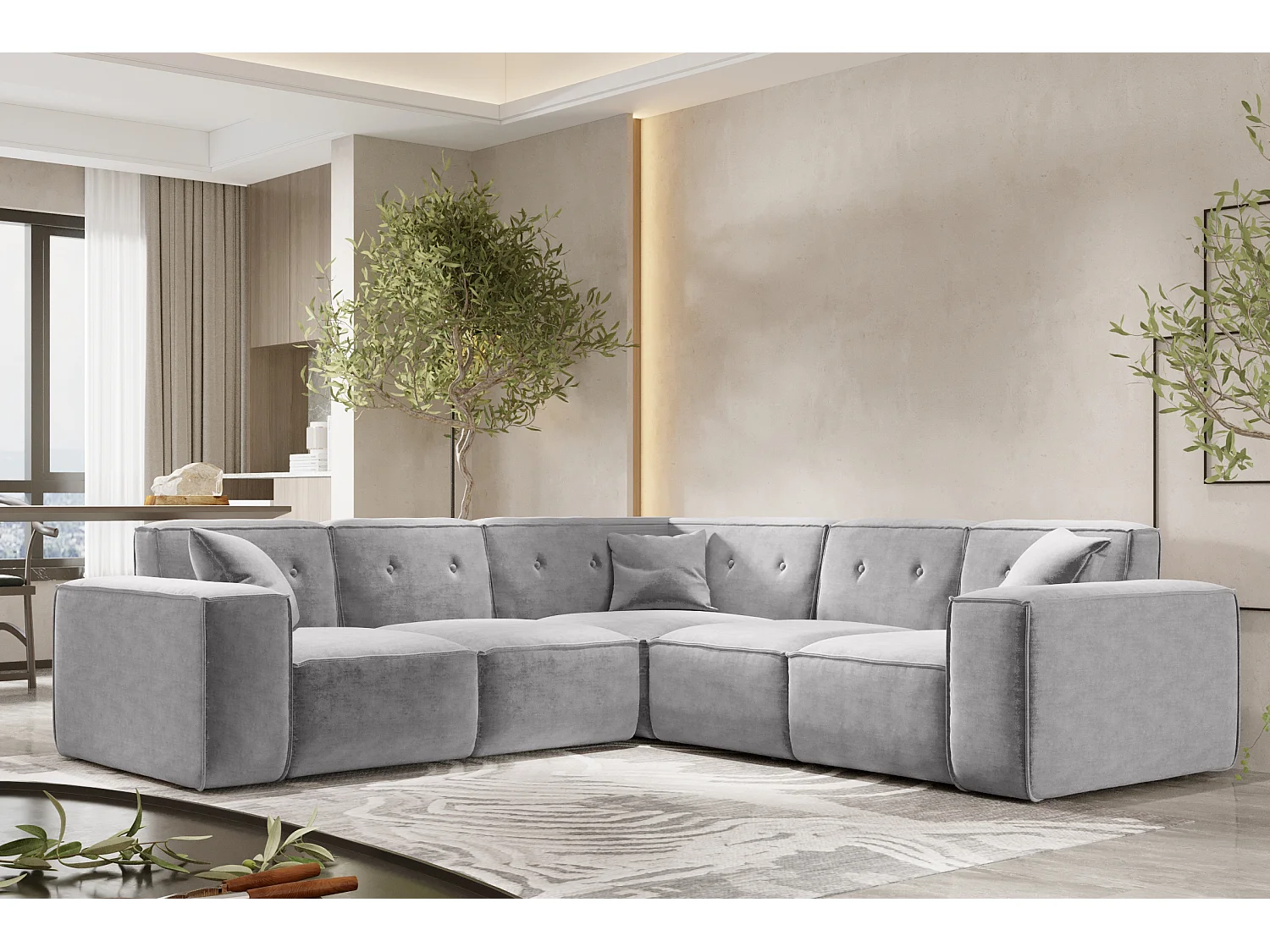 Canapé d'angle PULA, tissu Perfect Harmony, gris