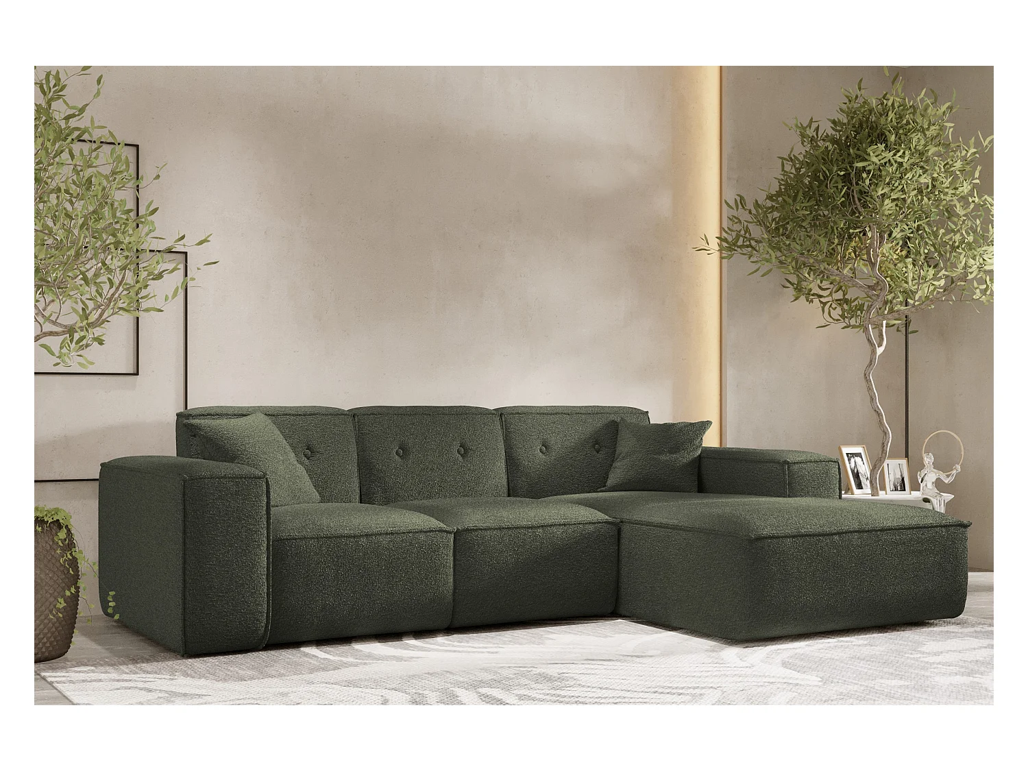 Canapé d'angle PULA en L, tissu Antic, vert foncé, droit