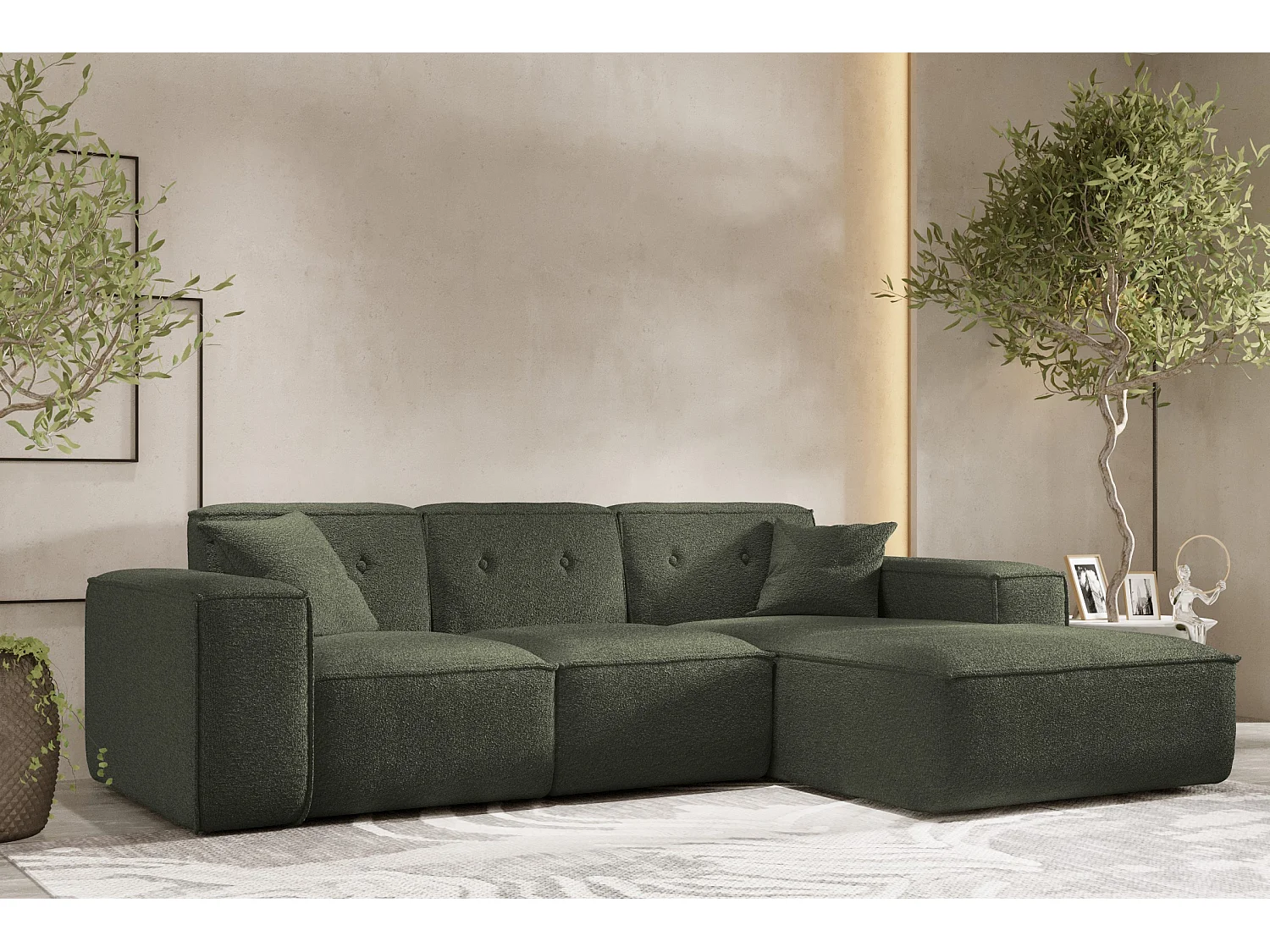 Canapé d'angle PULA en L, tissu Antic, vert foncé, droit