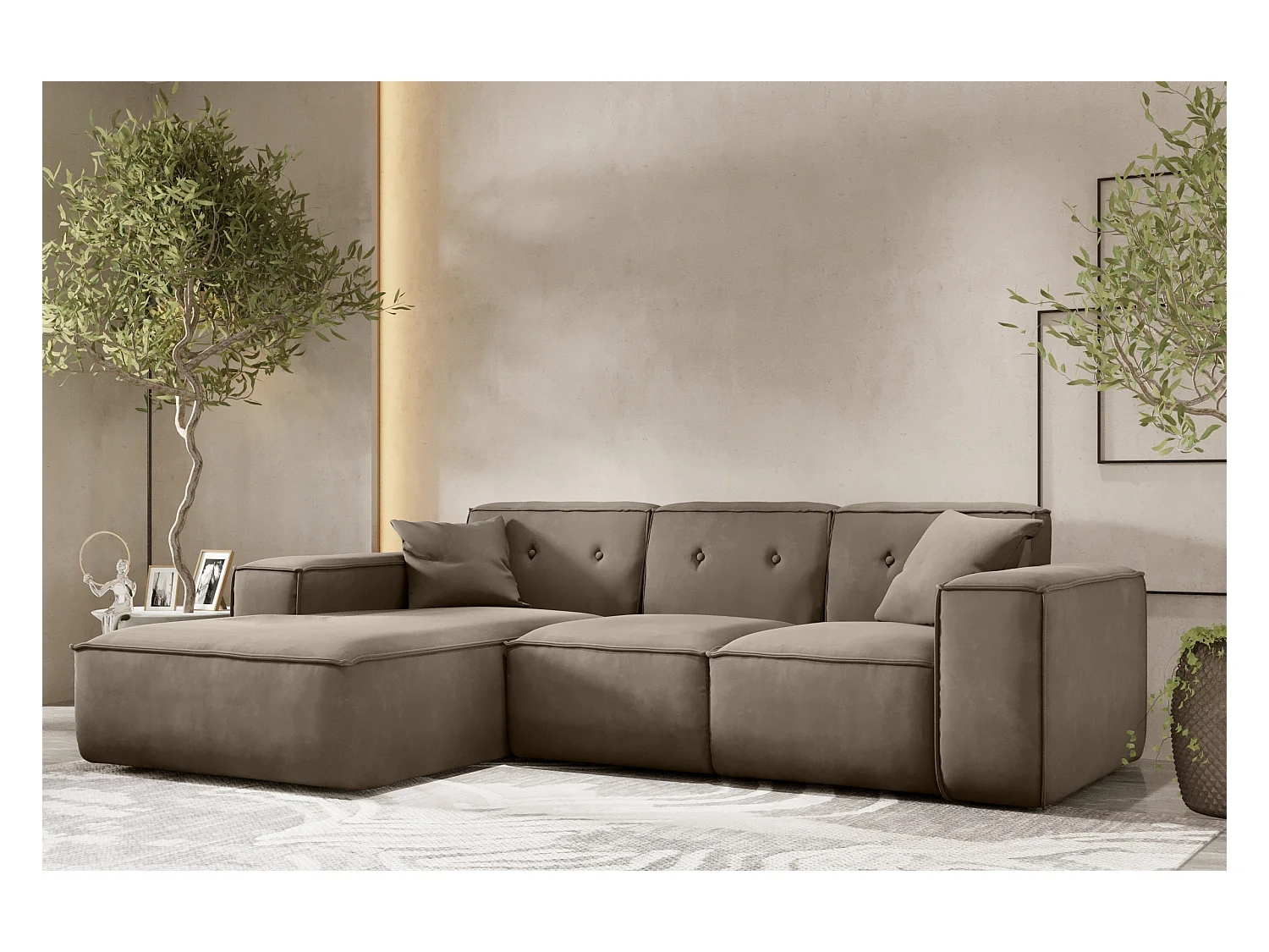 Canapé d'angle en L PULA, tissu Opera Velvet, marron, gauche