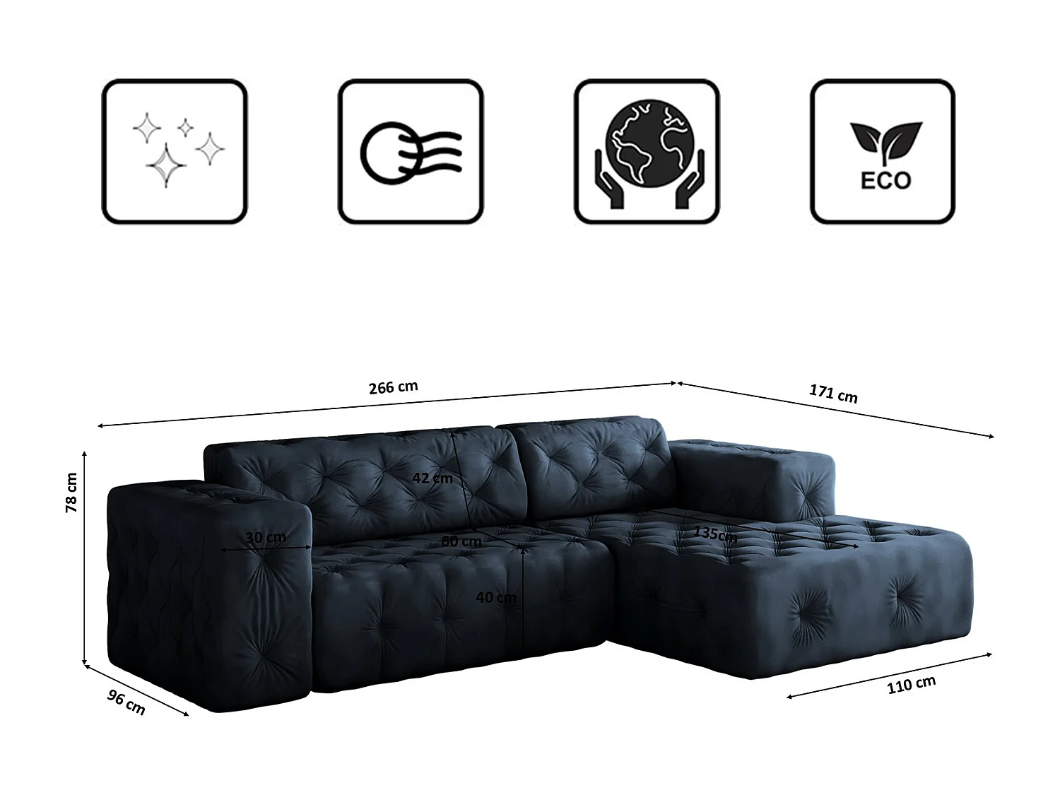Ecksofa LUX L-Form, Stoff Whisper, Blau, Rechts