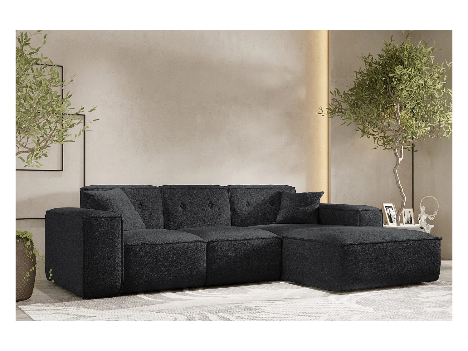 Canapé d'angle PULA en L, tissu Antic, noir, droit