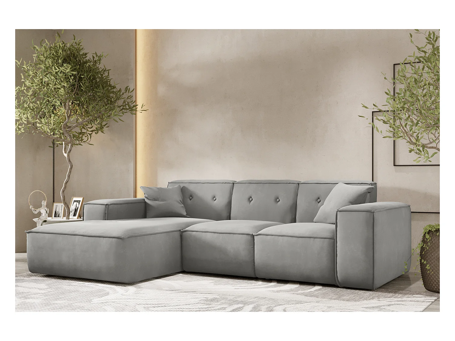 Canapé d'angle en L PULA, tissu Opera Velvet, gris, gauche