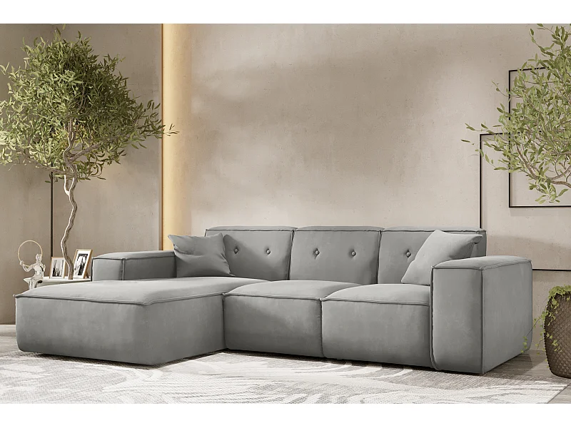 Canapé d'angle en L PULA, tissu Opera Velvet, gris, gauche