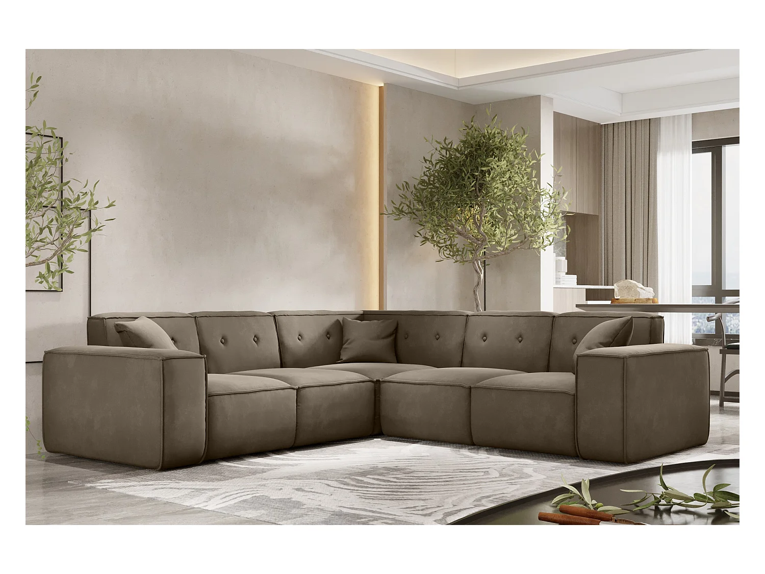 Canapé d'angle PULA, tissu Opera Velvet, marron