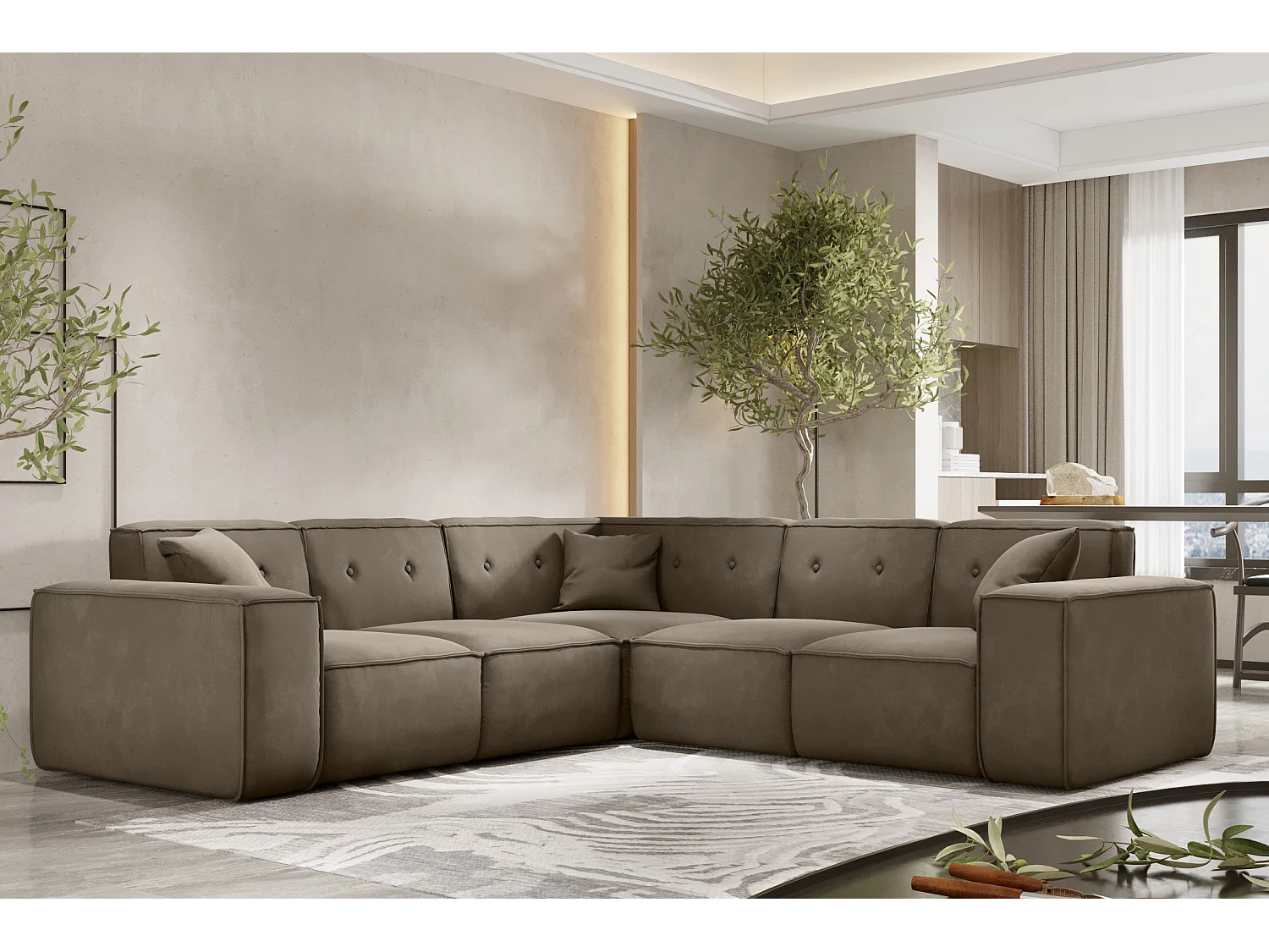 Canapé d'angle PULA, tissu Opera Velvet, marron