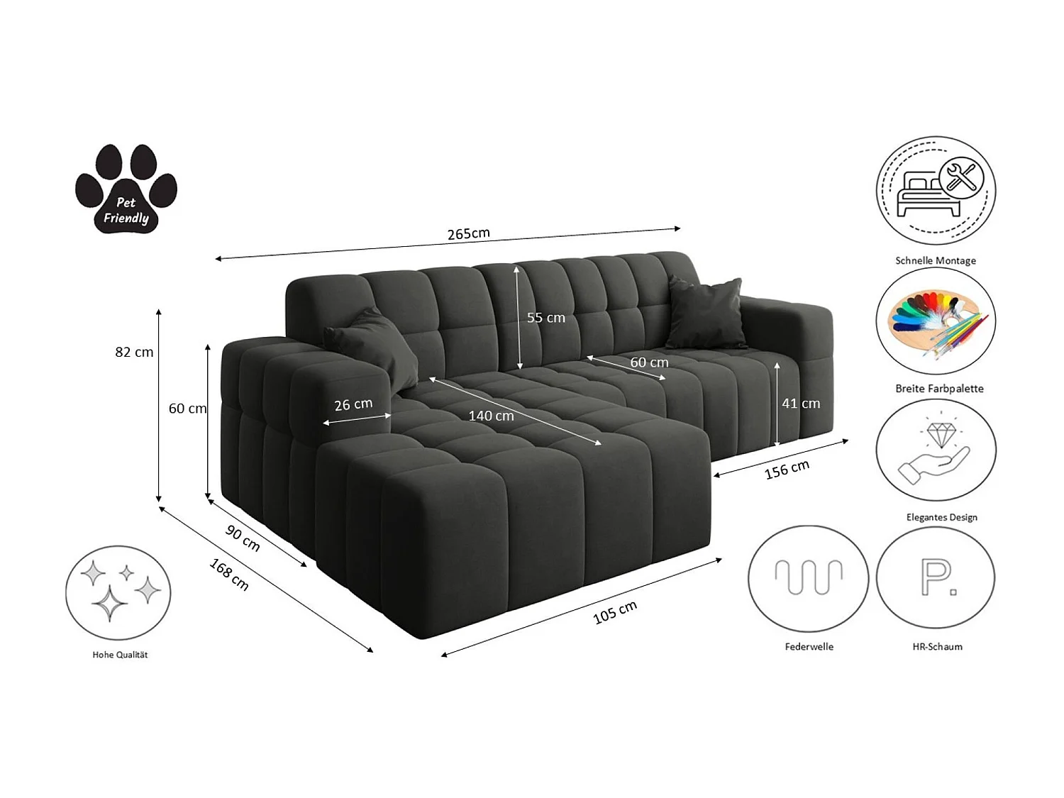 Ecksofa NIMES L-Form, Stoff Portland, Schwarz, Rechts