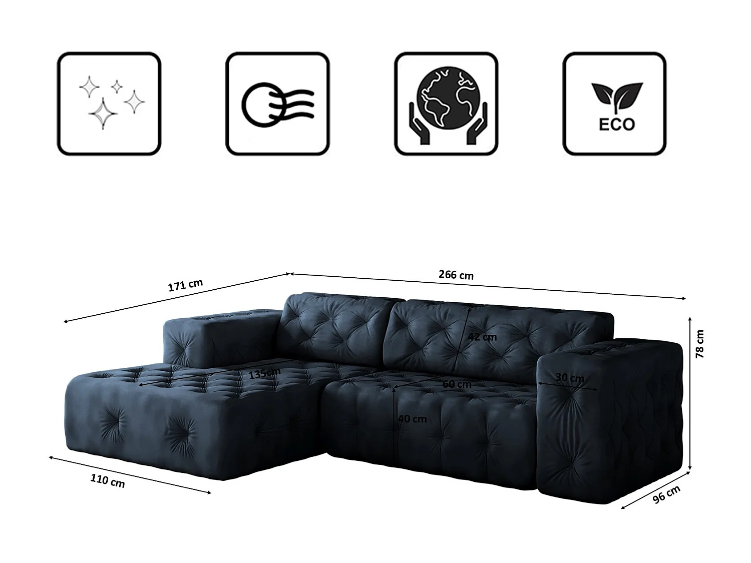 Hoekbank LUX L-vorm, stof Whisper, blauw, links