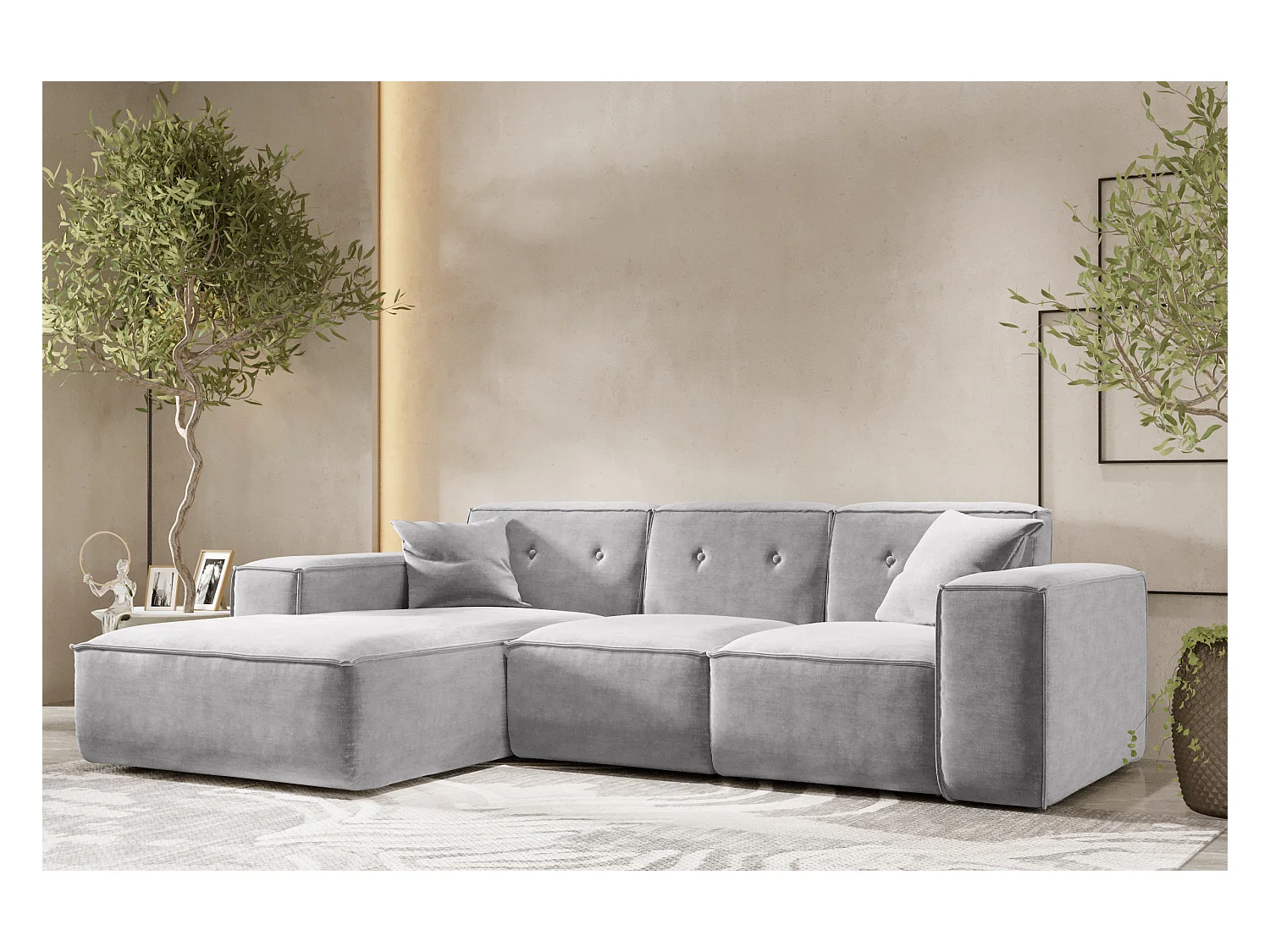 Canapé d'angle en L PULA, tissu Perfect Harmony, gris, gauche