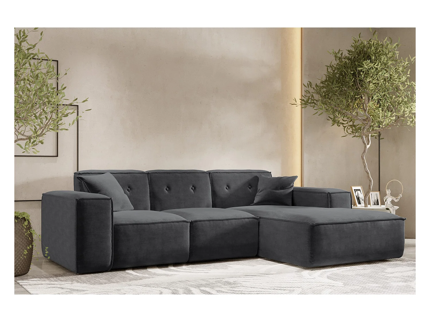 Canapé d'angle en L PULA, tissu Perfect Harmony, noir, droit