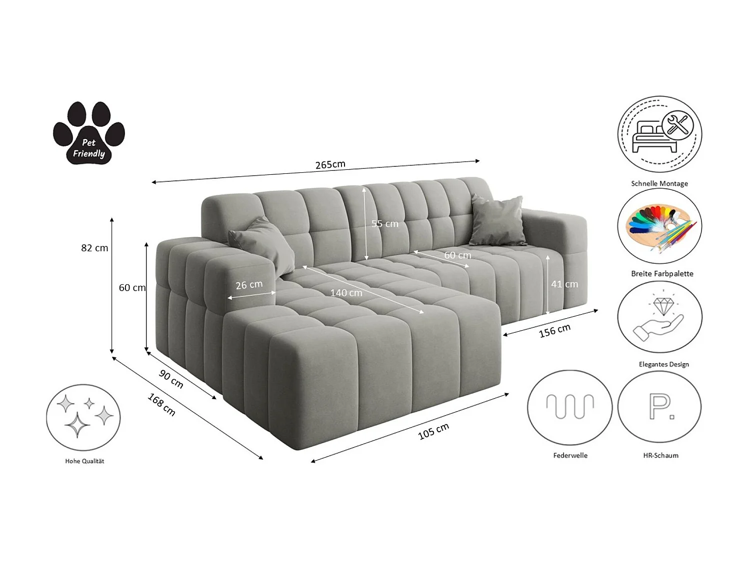Ecksofa NIMES L-Form, Stoff Portland, Grau, Links