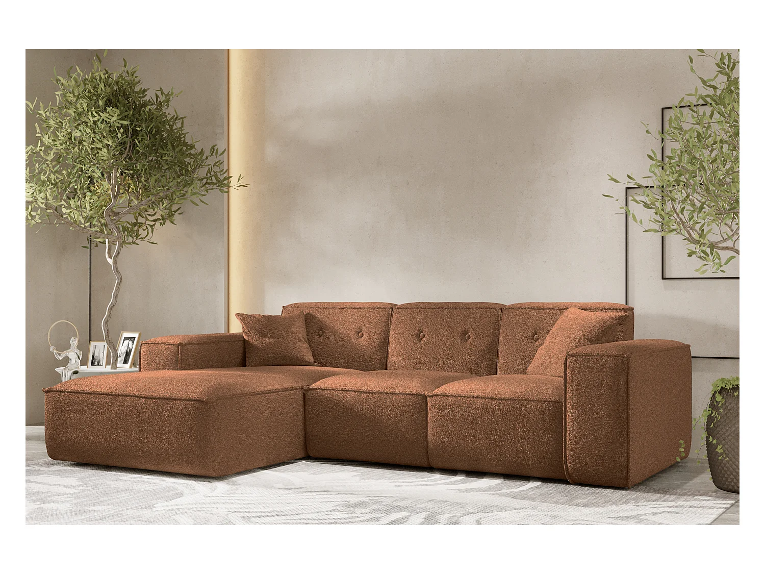 Canapé d'angle PULA en L, tissu Antic, brique, gauche