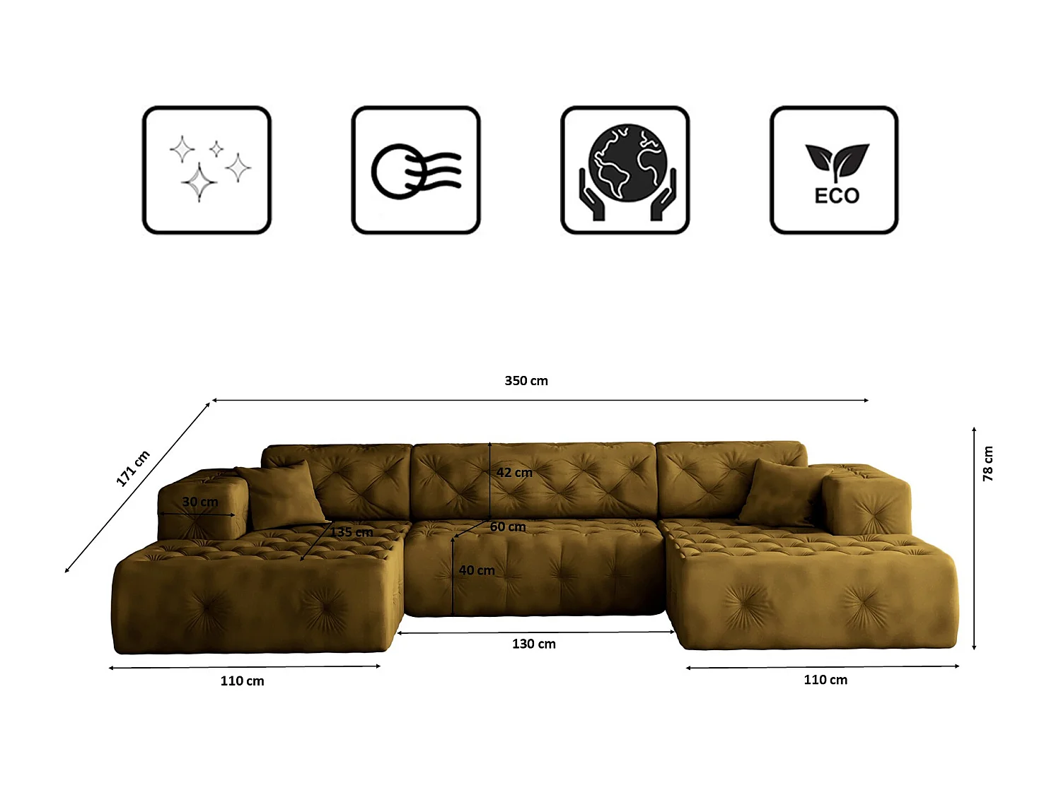 Ecksofa LUX U-Form, Stoff Whisper, Golden