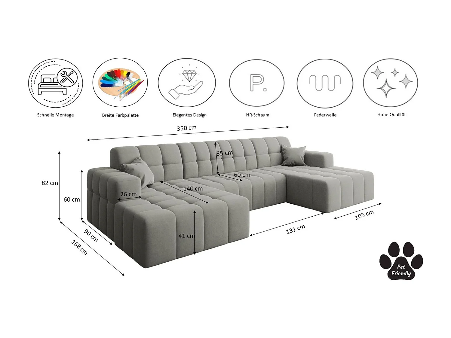 Ecksofa NIMES U-Form, Stoff Portland, Grau