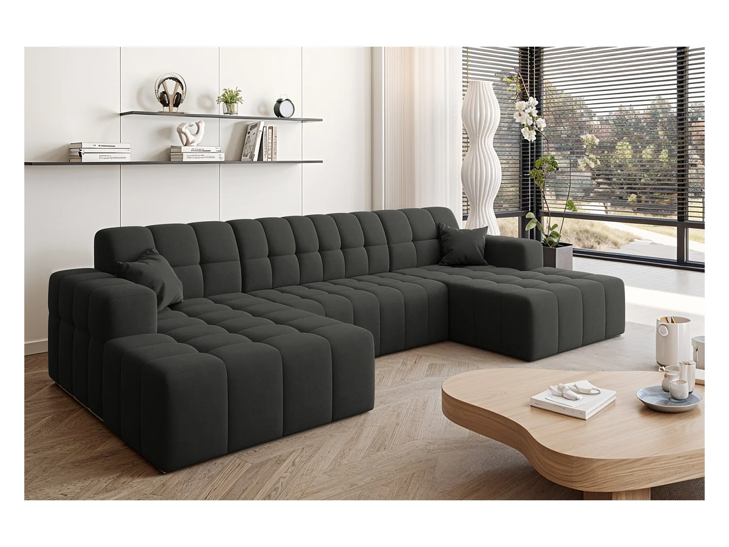 NIMES U-vormige hoekbank, stof Portland, zwart