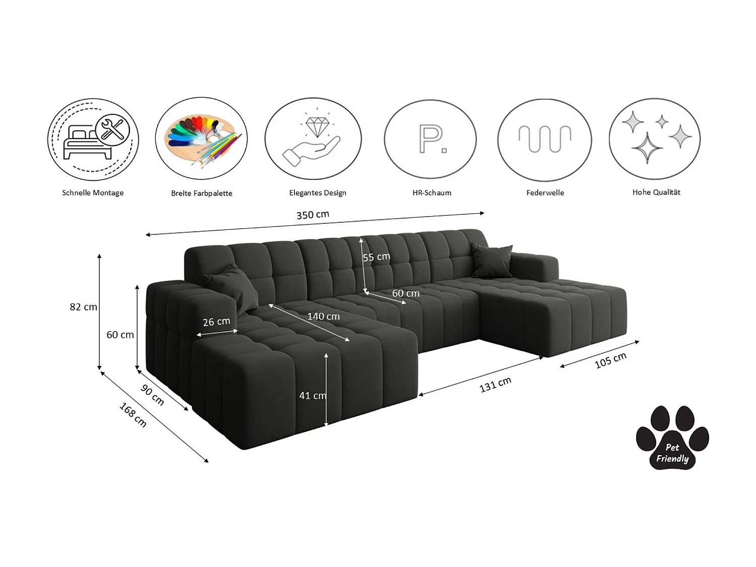 NIMES U-vormige hoekbank, stof Portland, zwart