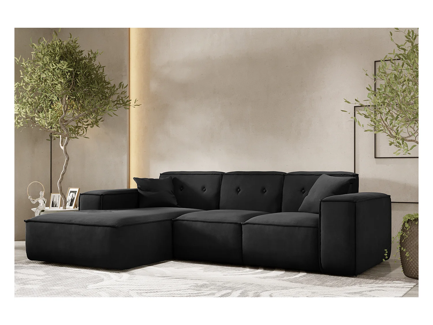 Ecksofa PULA L-Form, Stoff Opera Velvet, Schwarz, Links