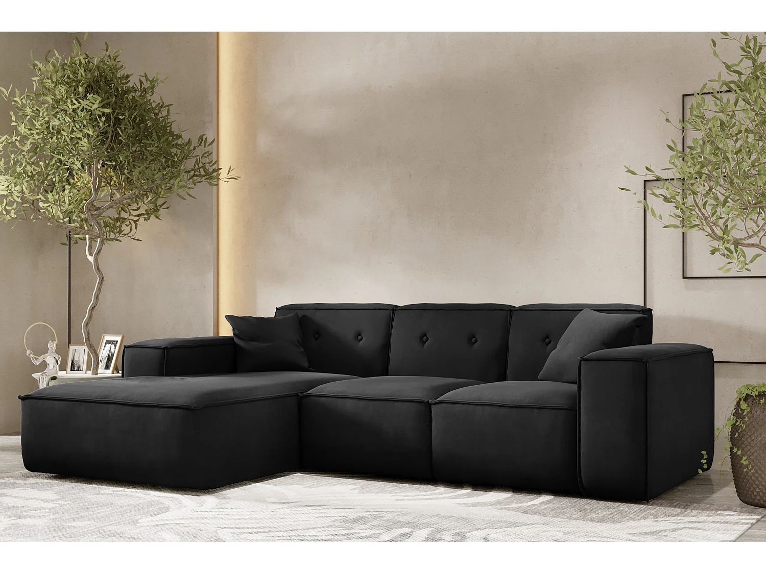 Canapé d'angle en L PULA, tissu Opera Velvet, noir, gauche