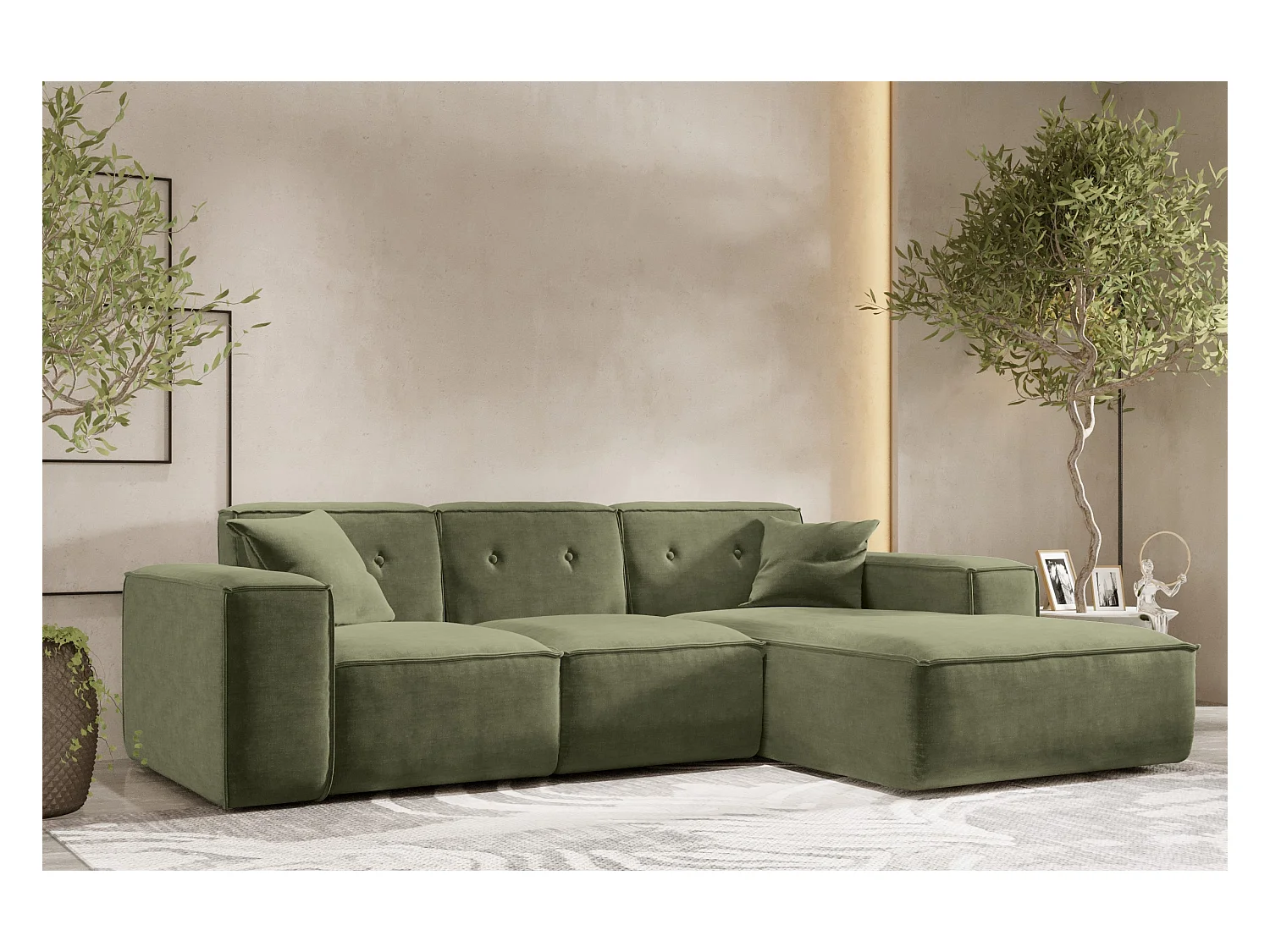 Canapé d'angle en L PULA, tissu Perfect Harmony, vert, droit