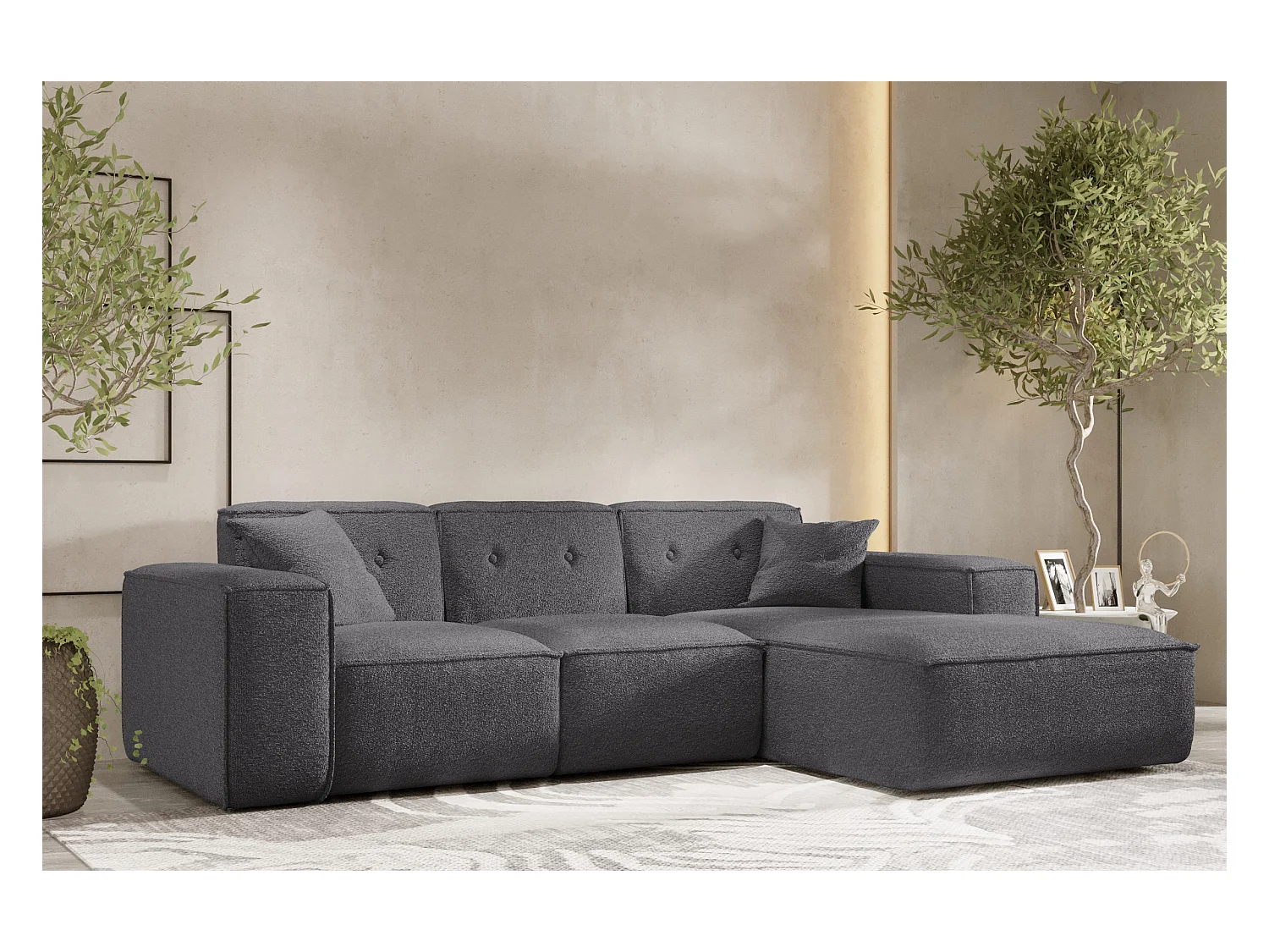 Ecksofa PULA L-Form, Stoff Antic, Stahl, Rechts