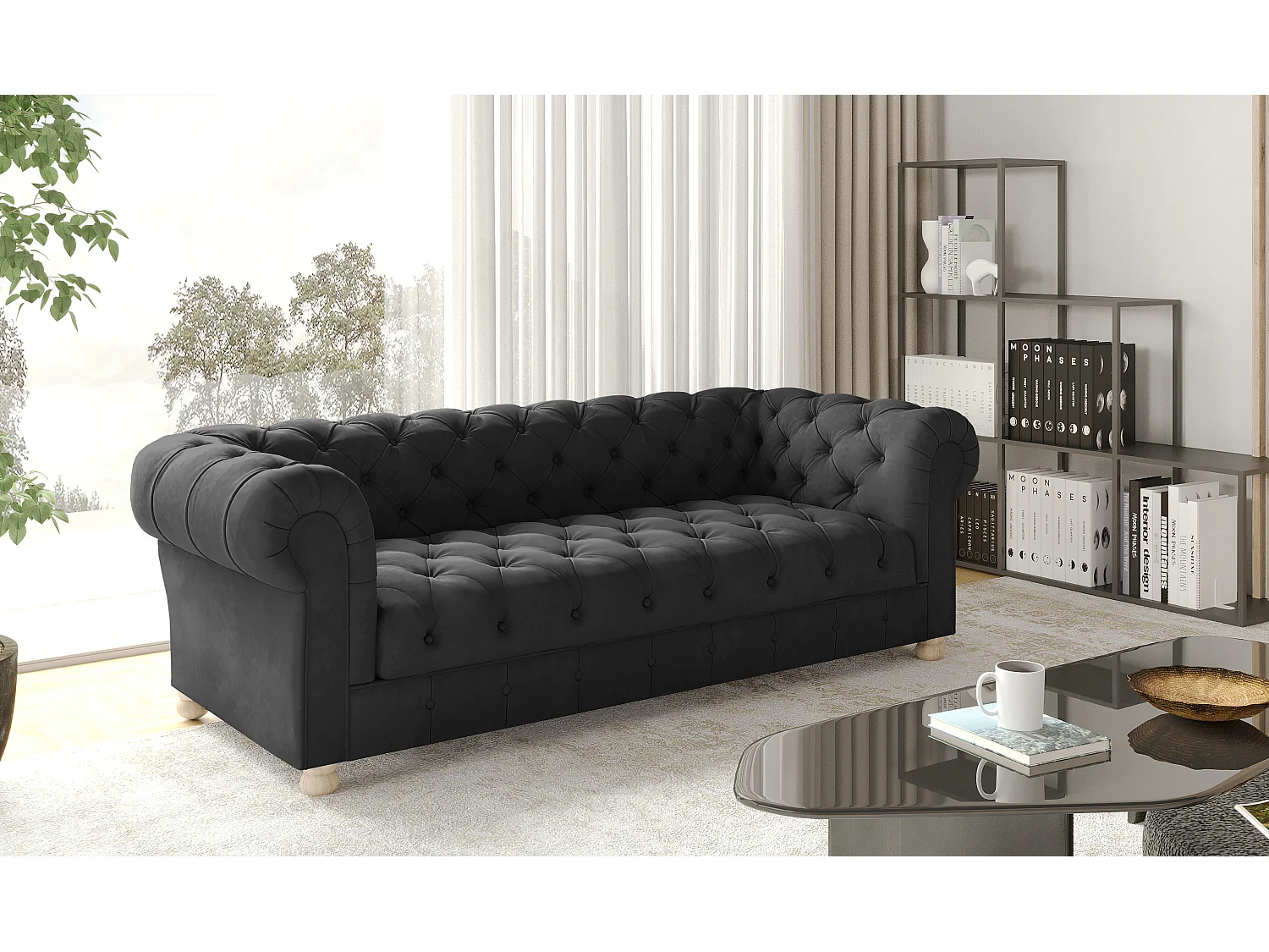 CHESTERFIELD driezitsbank, Whisper-stof, grafiet