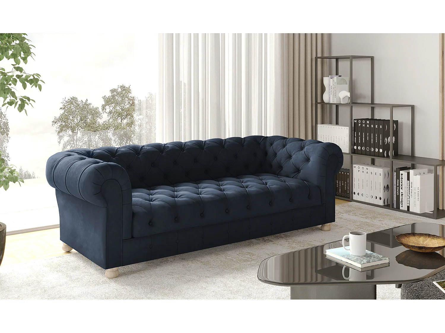 CHESTERFIELD driezitsbank, Whisper-stof, blauw