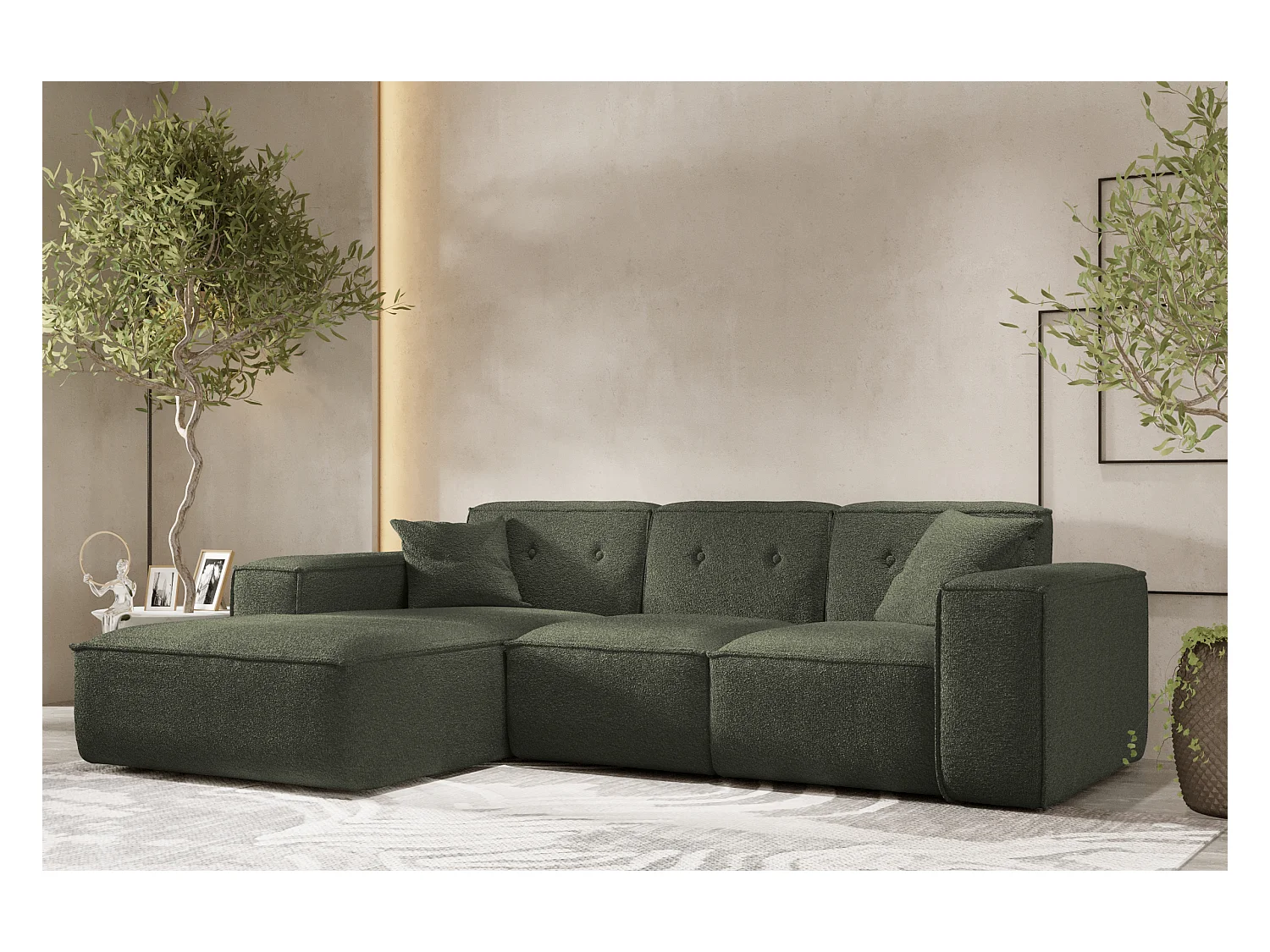 Canapé d'angle PULA en L, tissu Antic, vert foncé, gauche