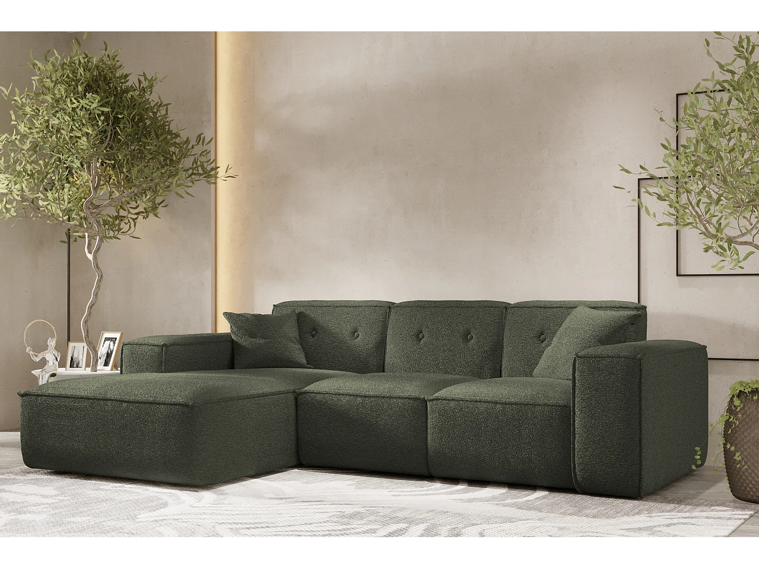 Canapé d'angle PULA en L, tissu Antic, vert foncé, gauche