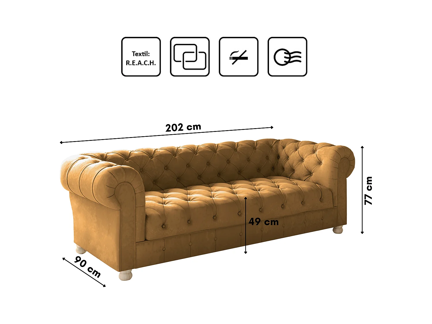 Sofa Dreisitzer CHESTERFIELD, Stoff Whisper, Golden
