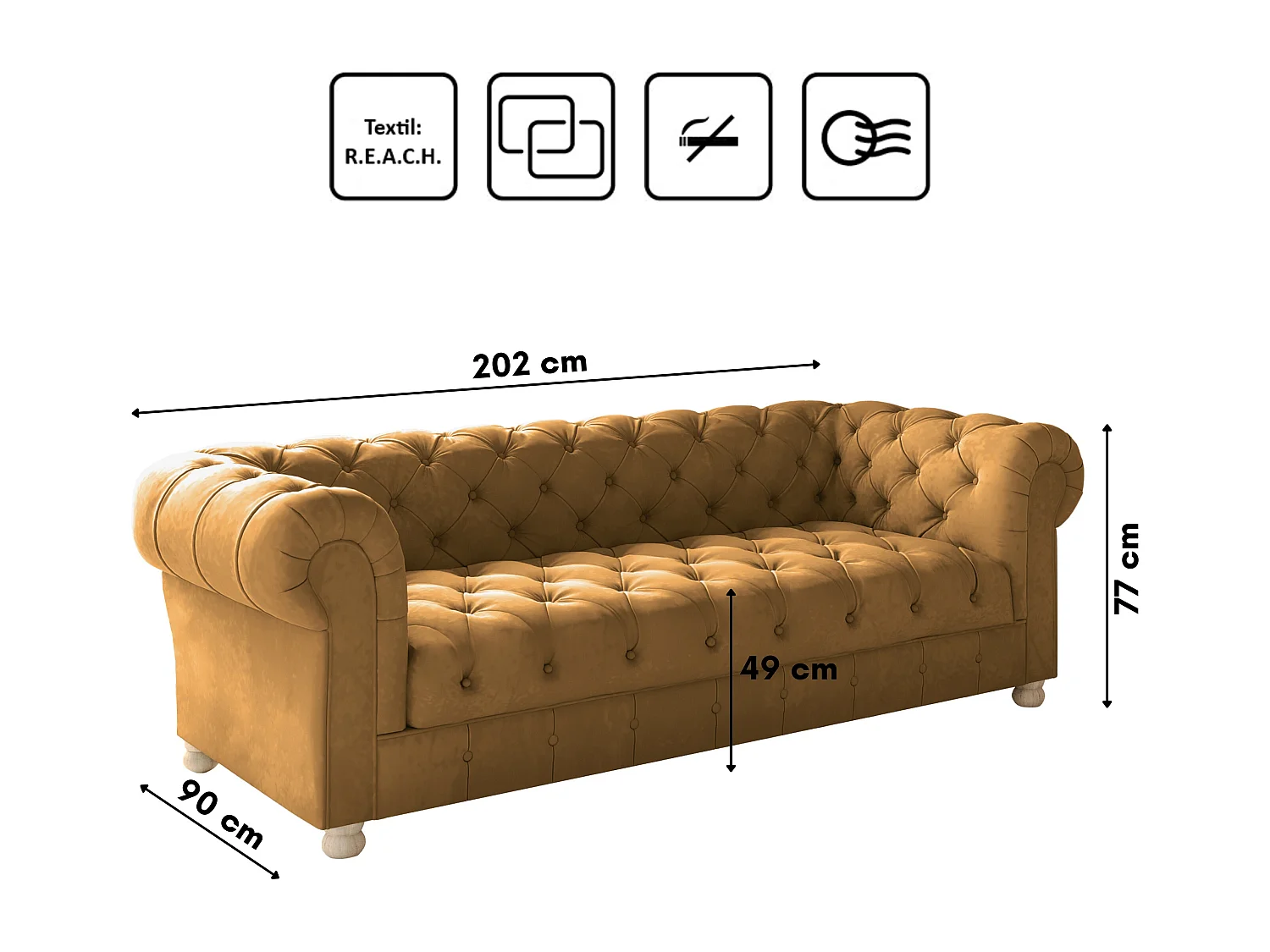 CHESTERFIELD driezitsbank, Whisper-stof, Golden